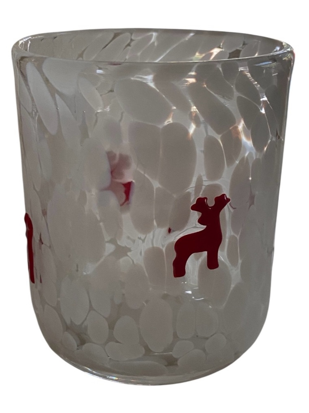White Speckled Glass Vase with Red Deer Motif - Home Art